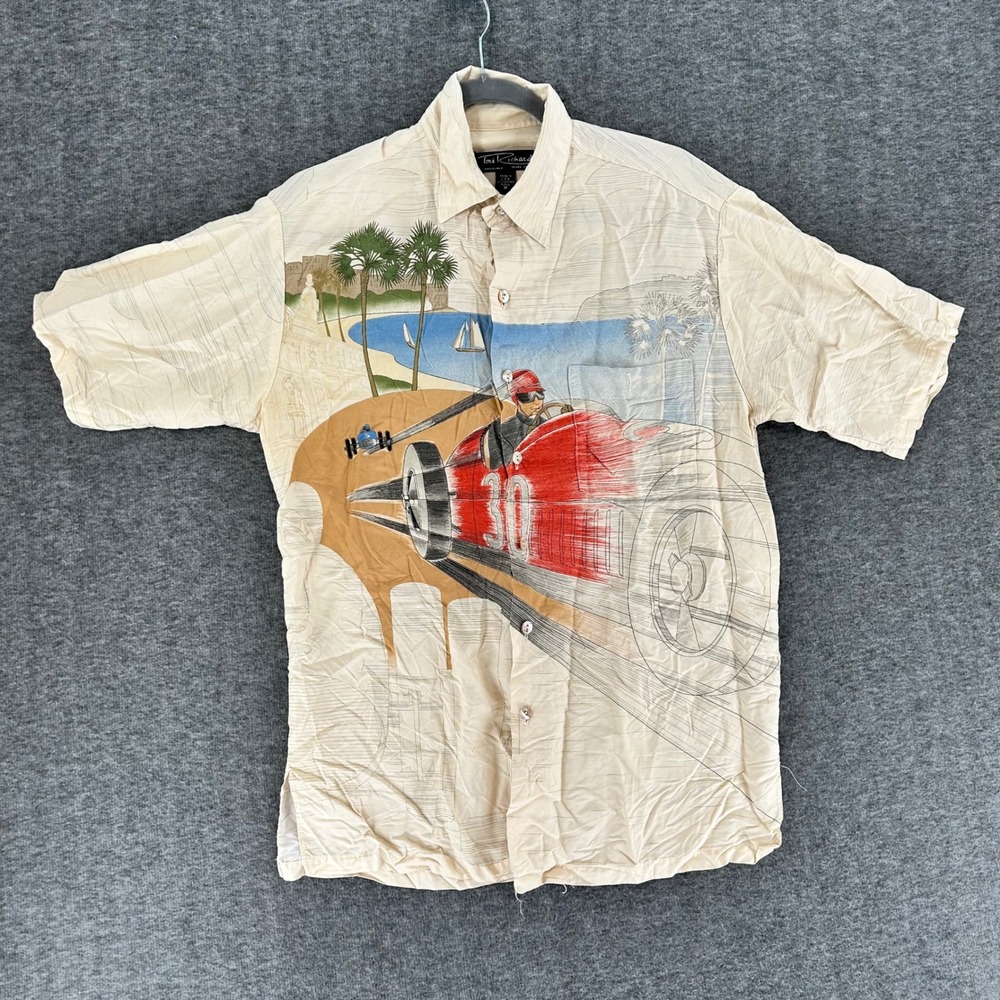 Tori Richard Mens Vintage Race Car Graphic Viscose Button Down Shirt Cream M